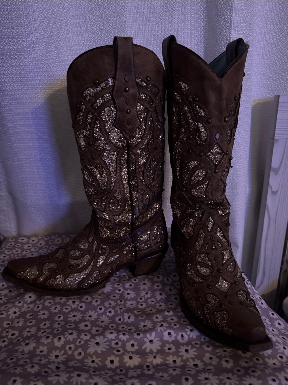 Brown Glitter Western Corral Boots with gold